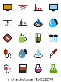 Color and black flat icon set - hot cup vector, water drop, dropper, flammable, monitor, alcohol, drink, filter, sprinkler, flask