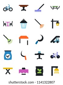 Color and black flat icon set - cafe vector, ladder car, rake, sickle, garden light, picnic table, fertilizer, bike, restaurant, outdoor lamp
