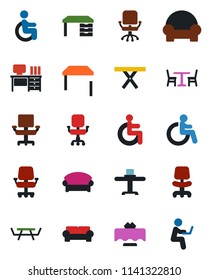 Color and black flat icon set - cafe vector, waiting area, disabled, office chair, desk, picnic table, cushioned furniture, restaurant, man with notebook