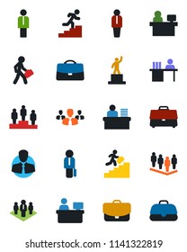 Color and black flat icon set - manager vector, pedestal, team, place, client, case, desk, career ladder, company, group