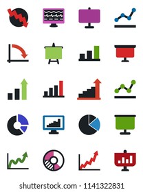 Color and black flat icon set - growth statistic vector, presentation board, crisis graph, circle chart, monitor pulse, statistics, bar, pie, point