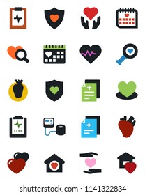 Color and black flat icon set - heart vector, pulse, diagnosis, blood pressure, diagnostic, shield, hand, real, medical calendar, clipboard, sweet home
