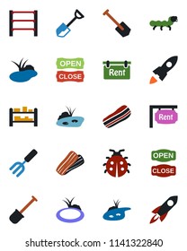 Color and black flat icon set - job vector, garden fork, shovel, lady bug, caterpillar, pond, rack, rent, bacon, open close, rocket