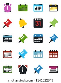 Color and black flat icon set - alarm clock vector, drawing pin, calendar, term, paper, bell, schedule