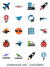 Color and black flat icon set - plane vector, departure, arrival, boarding, helicopter, seat map, globe, airport building, lady bug, rocket, paper, air balloon