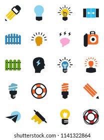 Color and black flat icon set - automatic door vector, brainstorm, bulb, camera, pencil, fence, rolling pin, energy saving, shining head, idea, paper plane, crisis management