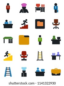 Color and black flat icon set - manager vector, desk, place, ladder, folder, career, cook, office chair, case