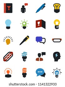 Color and black flat icon set - speaking man vector, pen, brainstorm, bulb, dialog, wine card, hot dog, energy saving, shining head, idea
