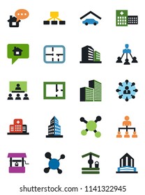 Color and black flat icon set - hierarchy vector, well, molecule, hospital, office building, garage, plan, home message