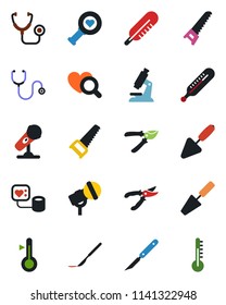 Color and black flat icon set - trowel vector, pruner, saw, stethoscope, blood pressure, thermometer, heart diagnostic, microscope, scalpel, microphone