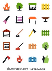 Color and black flat icon set - fence vector, tree, saw, fire, hoe, axe, abacus, table, alcove, cutting board