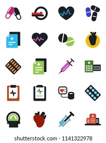 Color and black flat icon set - heart pulse vector, diagnosis, syringe, blood pressure, pills, blister, tomography, real, clipboard, hospital