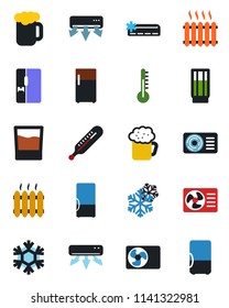 Color and black flat icon set - thermometer vector, heater, air conditioner, fridge, drink, beer, snowflake