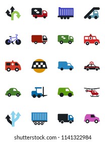 Color and black flat icon set - taxi vector, alarm car, fork loader, ladder, helicopter, ambulance, bike, route, truck trailer, delivery, moving