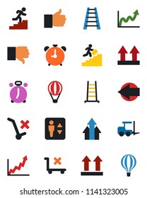 Color and black flat icon set - elevator vector, alarm clock, left arrow, fork loader, ladder, up side sign, no trolley, finger, down, career, graph, growth, air balloon