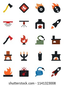 Color and black flat icon set - bomb in case vector, fire, hose, axe, fireplace, flammable, flame disk, candle, sprinkler, rocket
