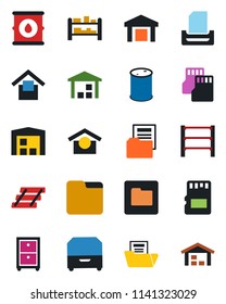 Color and black flat icon set - warehouse storage vector, oil barrel, rack, sd, folder, document, paper tray, archive box