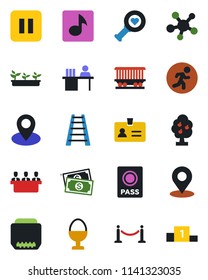 Color and black flat icon set - fence vector, passport, identity, ladder, seedling, heart diagnostic, run, pin, railroad, cash, share, pause button, hdmi, place tag, music, manager desk, meeting