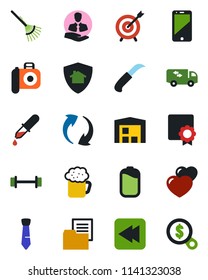 Color and black flat icon set - rake vector, garden knife, dropper, barbell, client, folder document, camera, cell phone, heart, rewind, update, battery, sertificate, tie, warehouse, moving, beer