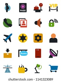 Color and black flat icon set - plane vector, runway, satellite antenna, passport, luggage scales, pregnancy, package, speaker, phone back, call, settings, user, photo gallery, desk lamp, rooms