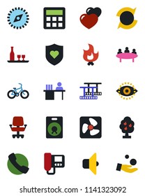 Color and black flat icon set - meeting vector, fire, bike, heart shield, film frame, speaker, call, calculator, compass, eye id, update, manager desk, fruit tree, alcohol, fan, intercome, sound