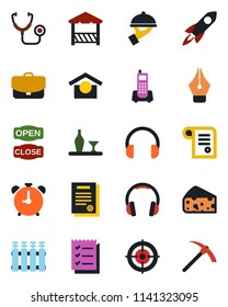 Color and black flat icon set - alarm clock vector, stethoscope, office phone, warehouse storage, headphones, ink pen, checklist, target, contract, alcohol, waiter, open close, alcove, cheese, case