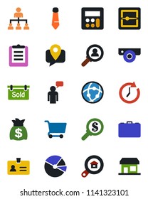 Color and black flat icon set - identity vector, speaking man, hierarchy, case, tie, money bag, mobile tracking, clipboard, calculator, scanner, network, pie graph, sold signboard, estate search