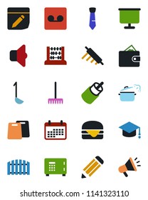 Color and black flat icon set - safe vector, graduate, abacus, pencil, rake, rca, record, notes, presentation board, tie, fence, hamburger, ladle, rolling pin, cutting, steaming pan, sound, wallet