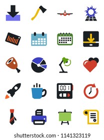 Color and black flat icon set - plane vector, presentation board, calendar, printer, axe, heart, barcode, stopwatch, download, pie graph, desk lamp, tie, coffee, ham, sun panel, rocket, clock