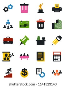 Color and black flat icon set - trash bin vector, gear, dollar sign, pedestal, meeting, drawing pin, manager place, document reload, calendar, case, office building, hr, calculator, printer, pencil
