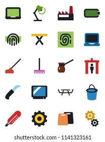 Color and black flat icon set - security gate vector, gear, notebook pc, rake, bucket, hoe, garden knife, picnic table, thermometer, tv, laptop, fingerprint id, battery, desk lamp, factory