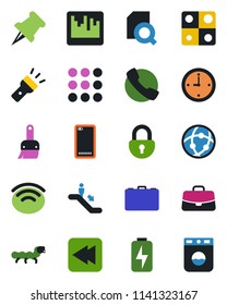 Color and black flat icon set - escalator vector, case, caterpillar, paper pin, rewind, phone back, call, menu, themes, scanner, network, wireless, torch, lock, charge, application, clock, washer