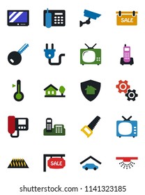 Color and black flat icon set - saw vector, office phone, tv, house with tree, garage, sale, key, power plug, intercome, gear, thermometer, warm floor, home protect, surveillance, sprinkler