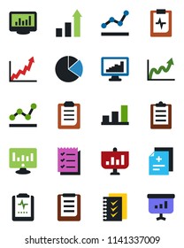 Color and black flat icon set - growth statistic vector, monitor, diagnosis, pulse clipboard, statistics, bar graph, pie, checklist, point, presentation