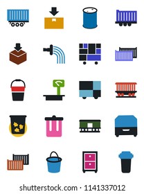 Color and black flat icon set - trash bin vector, bucket, watering, railroad, truck trailer, cargo container, consolidated, package, oil barrel, heavy scales, archive box, water filter