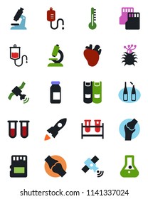 Color and black flat icon set - book vector, blood test vial, dropper, microscope, ampoule, real heart, joint, virus, satellite, sd, thermometer, rocket, flask