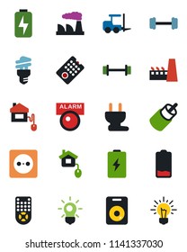 Color and black flat icon set - fork loader vector, factory, barbell, remote control, speaker, low battery, rca, charge, home, socket, power plug, bulb, energy saving, alarm led, idea