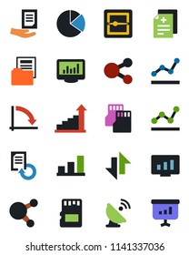 Color and black flat icon set - growth statistic vector, crisis graph, document, monitor, reload, diagnosis, satellite antenna, share, scanner, sd, data exchange, statistics, bar, pie, folder, point