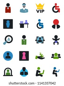Color and black flat icon set - male vector, female, vip, baby, reception, disabled, doctor, client, user, hr, manager desk, search, estate agent, waiter, group, palm sproute, man with notebook