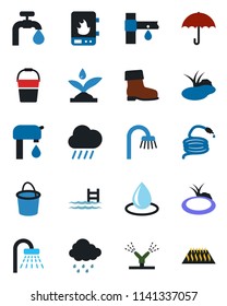 Color and black flat icon set - shower vector, bucket, boot, water drop, rain, hose, pond, drip irrigation, umbrella, pool, supply, bathroom, heater, warm floor