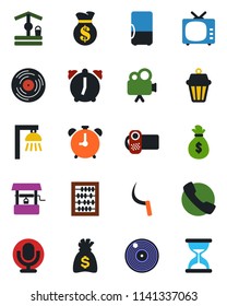 Color and black flat icon set - alarm clock vector, abacus, money bag, well, sickle, vinyl, tv, video camera, microphone, call, outdoor lamp, fridge, sand