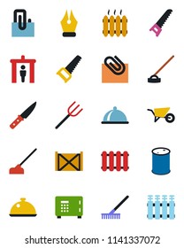 Color and black flat icon set - security gate vector, safe, farm fork, rake, wheelbarrow, saw, hoe, container, oil barrel, paper clip, ink pen, heater, dish, knife, radiator