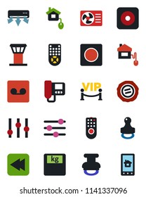 Color and black flat icon set - airport tower vector, stamp, scales, settings, remote control, rewind, rec button, tuning, record, vip zone, home, air conditioner, intercome, app
