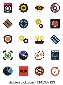 Color and black flat icon set - gear vector, circle chart, stamp, pills blister, record, eye id, pie graph, target, washer, flower in pot, omelette, clock