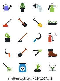 Color and black flat icon set - job vector, flower in pot, shovel, rake, watering can, sproute, pruner, boot, seedling, hoe, sickle, garden sprayer, fertilizer, irrigation
