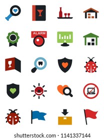 Color and black flat icon set - no laptop vector, statistic monitor, lady bug, heart diagnostic, shield, warehouse, package, search cargo, sertificate, alcohol, wine card, alarm led, flag