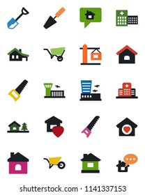Color and black flat icon set - airport building vector, trowel, shovel, wheelbarrow, saw, house, hospital, with garage, tree, sweet home, crane, message