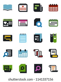 Color and black flat icon set - contract vector, book, document search, notepad, calendar, medical, news, schedule