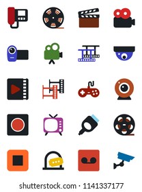 Color and black flat icon set - ticket office vector, clapboard, film frame, reel, tv, gamepad, video camera, stop button, hdmi, record, web, intercome, surveillance