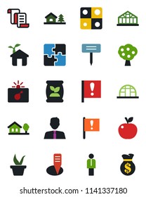 Color and black flat icon set - bomb in case vector, manager, contract, seedling, plant label, greenhouse, fertilizer, important flag, application, house with tree, fruit, estate agent, apple, eco